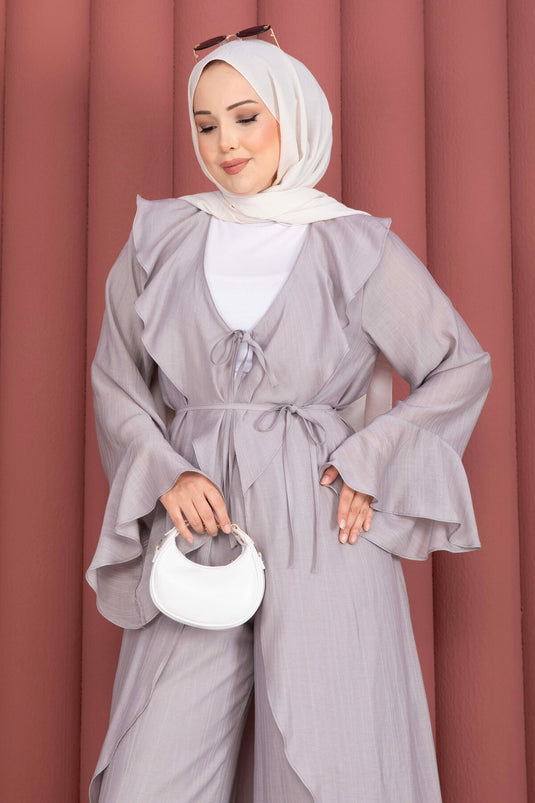 Fırfırlı Kuşaklı Kimono Pantolon Takım Gri