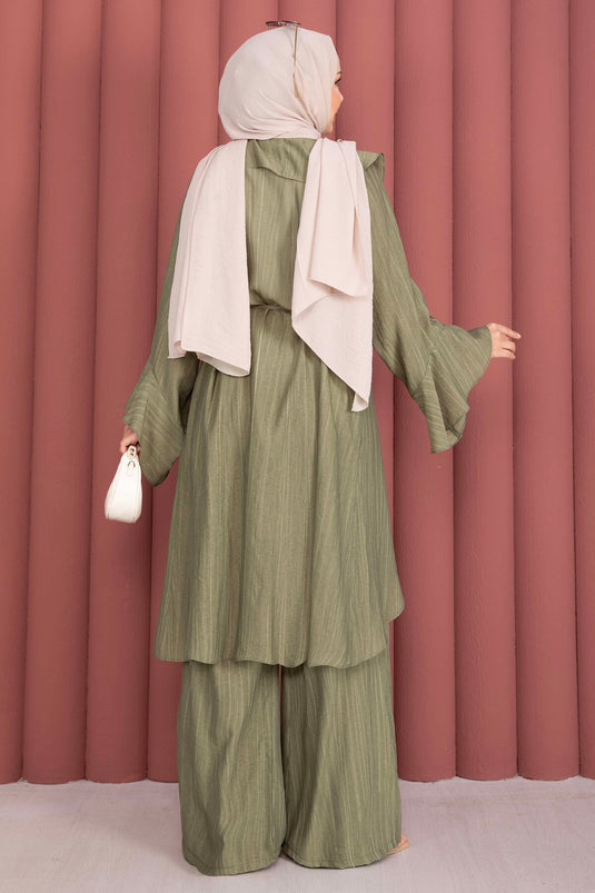 Fırfırlı Kuşaklı Kimono Pantolon Takım Haki
