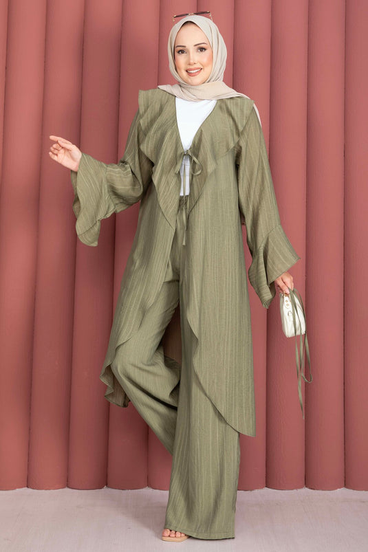 Fırfırlı Kuşaklı Kimono Pantolon Takım Haki
