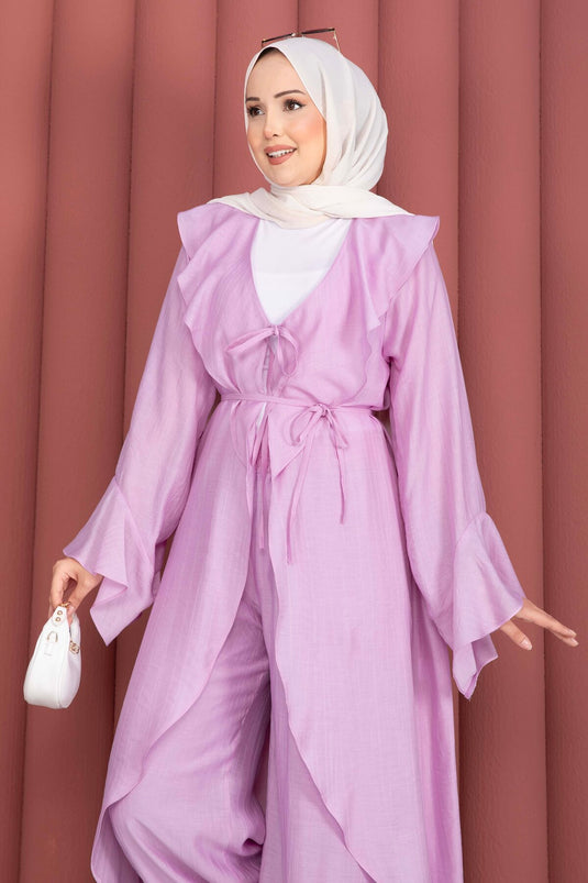 Fırfırlı Kuşaklı Kimono Pantolon Takım Lila