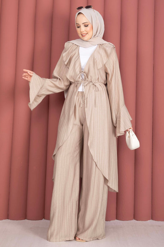 Fırfırlı Kuşaklı Kimono Pantolon Takım Vizon