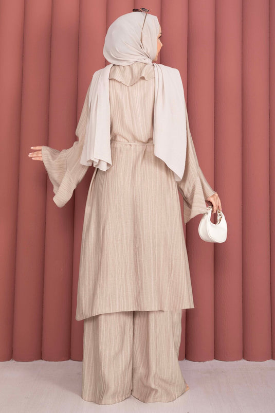 Fırfırlı Kuşaklı Kimono Pantolon Takım Vizon