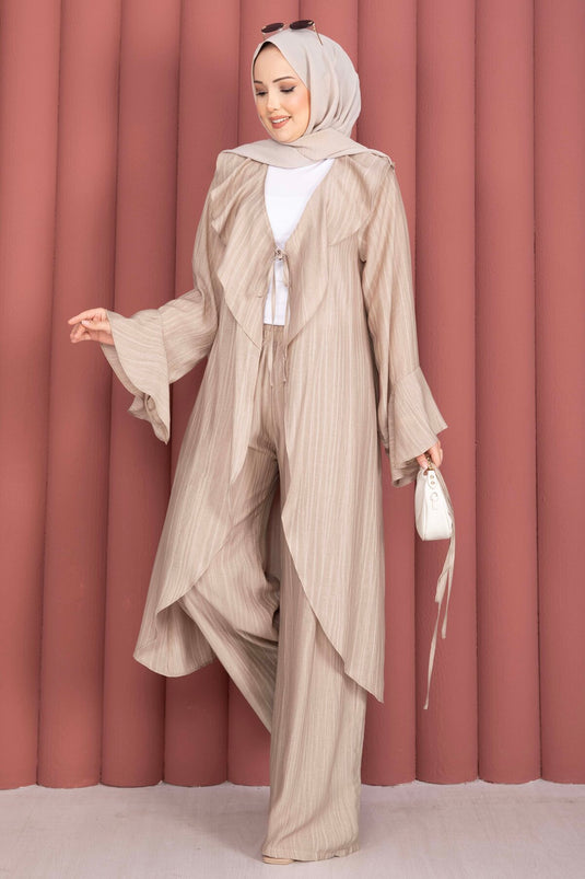 Fırfırlı Kuşaklı Kimono Pantolon Takım Vizon