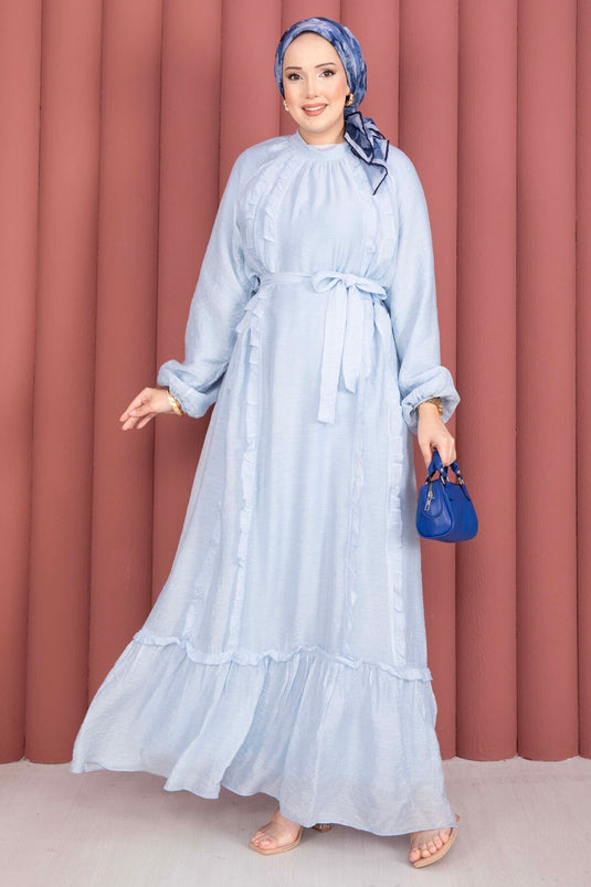 Robe de modest fashion à volants avec ceinture, bleu bébé