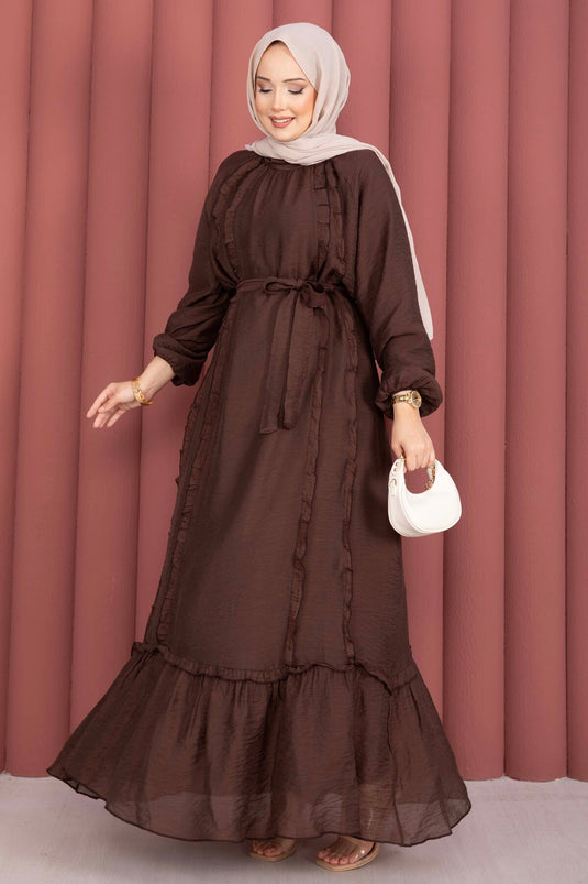 Ruffled Belted Modest Dress Brown