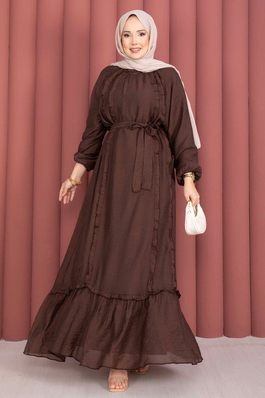 Ruffled Belted Modest Dress Brown