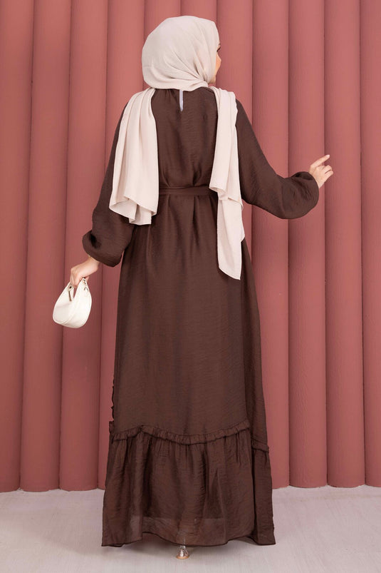 Ruffled Belted Modest Dress Brown