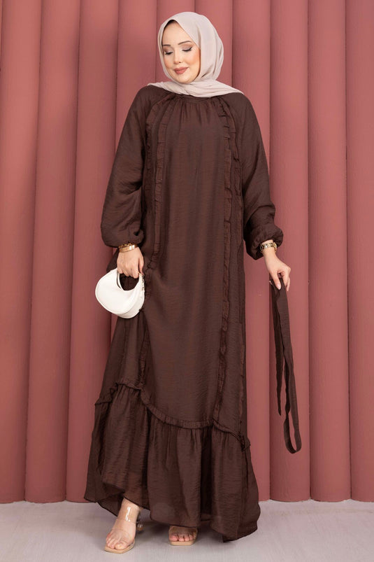 Ruffled Belted Modest Dress Brown