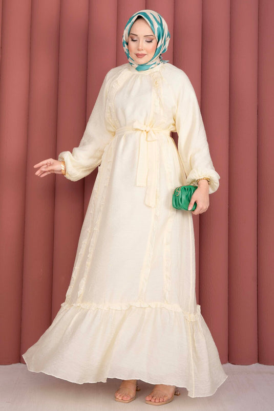 Robe de modest fashion à volants avec ceinture jaune