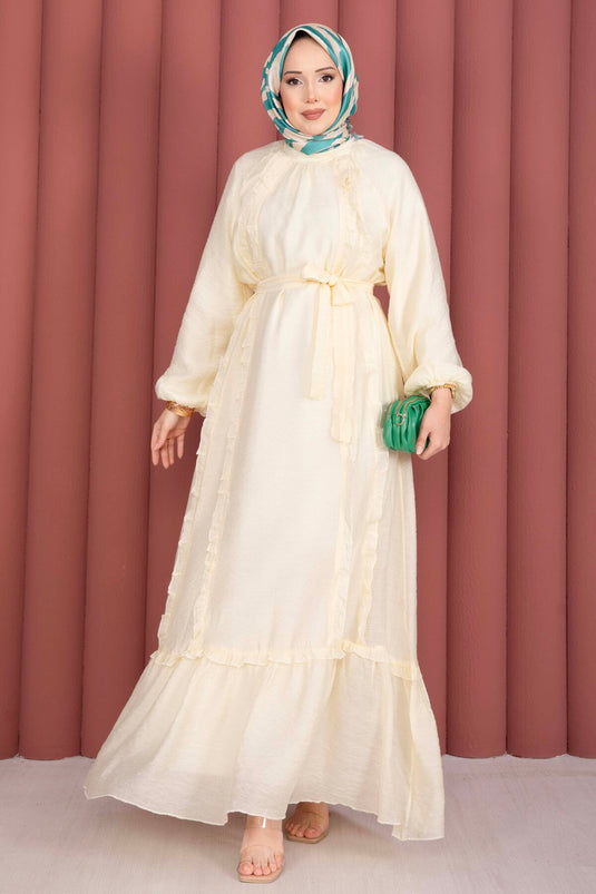 Robe de modest fashion à volants avec ceinture jaune