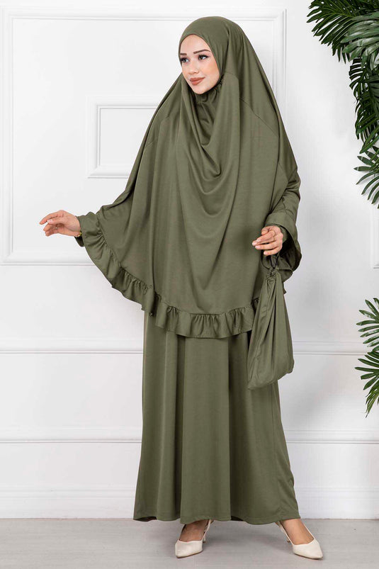 Robe de Prière Hijab Froufrous Kaki