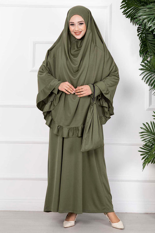 Robe de Prière Hijab Froufrous Kaki