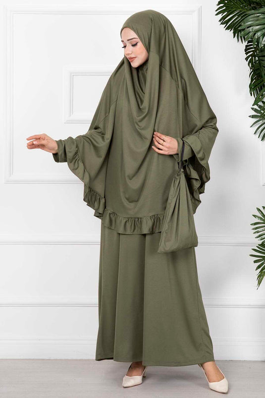 Robe de Prière Hijab Froufrous Kaki