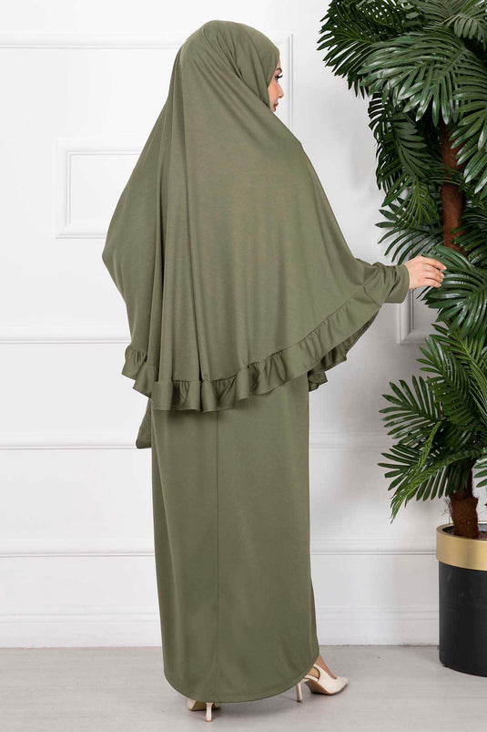 Robe de Prière Hijab Froufrous Kaki