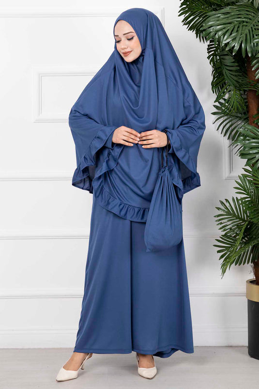 Vestido de oración hijab con volantes índigo