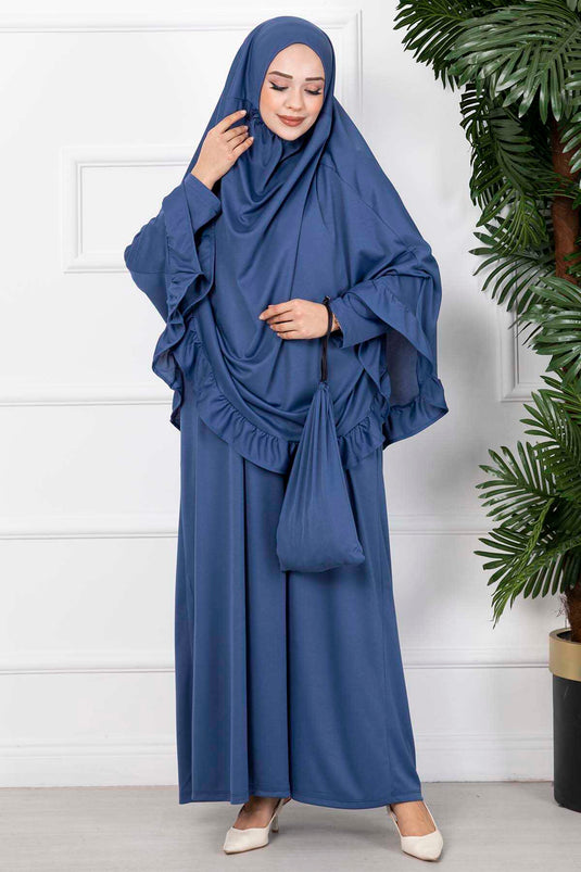 Vestido de oración hijab con volantes índigo