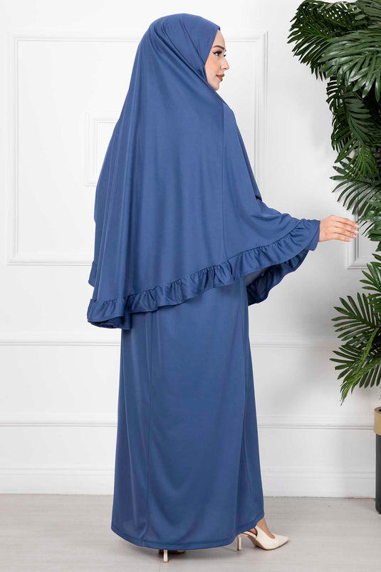 Robe de prière hijab à froufrous Indigo