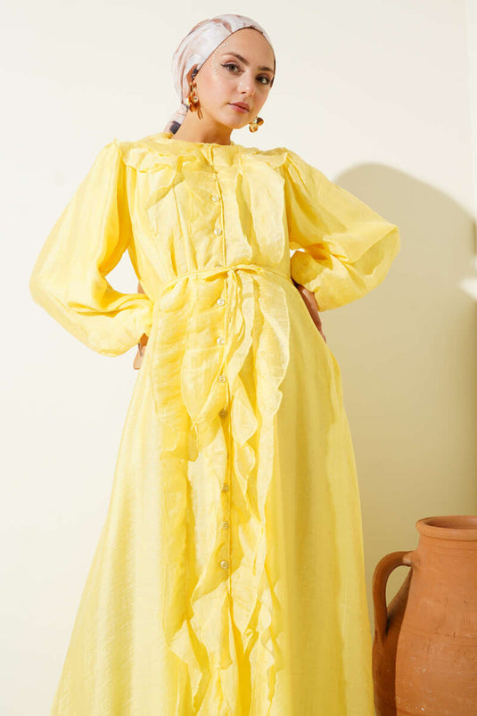 Gelbes Rüschenkleid mit Knopfleiste