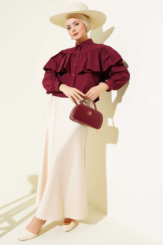 Korte Blouse met Ruches en Cape Details in Bordeaux