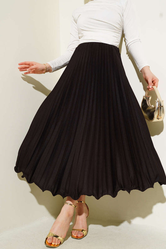 Fırfırlı Pileli Bel Lastikli Etek Acı Kahve