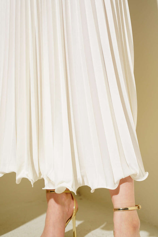 Ruffle Pleated Elastic Waist Skirt Ecru
