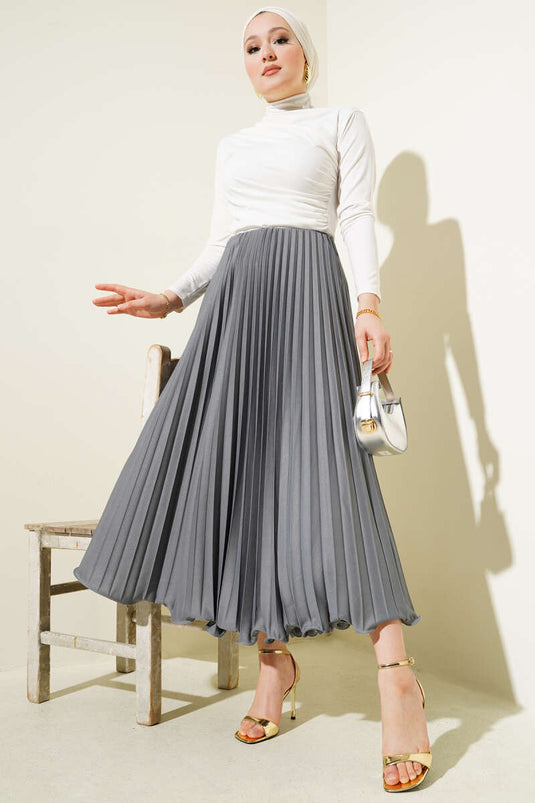Ruffled Pleated Elastic Waist Skirt Smoke Gray