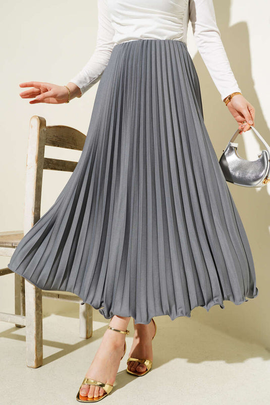 Ruffled Pleated Elastic Waist Skirt Smoke Gray