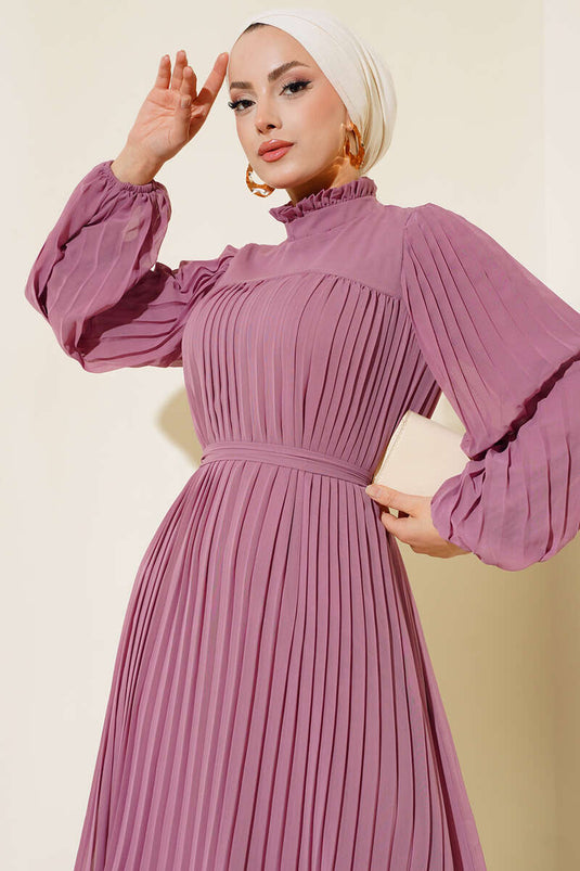 Fırfırlı Piliseli Sifon Elbise Magenta
