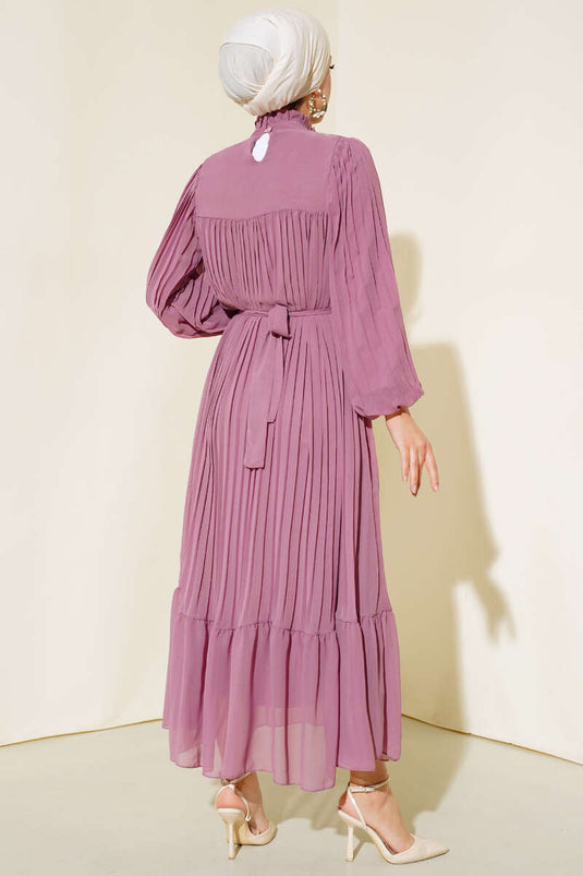 Fırfırlı Piliseli Sifon Elbise Magenta