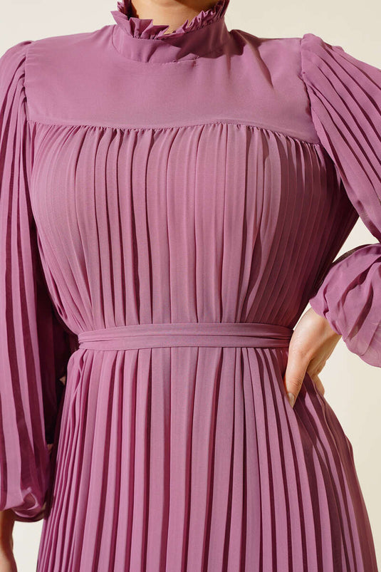 Fırfırlı Piliseli Sifon Elbise Magenta