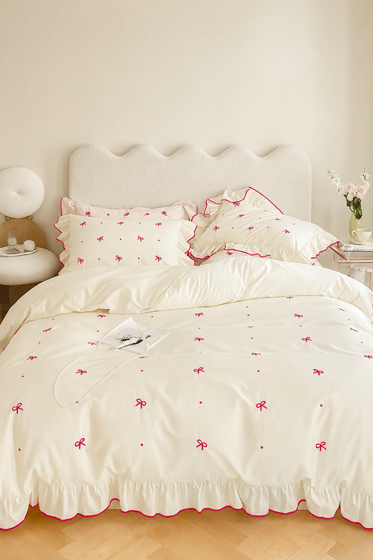 Ensemble de housse de couette avec volants et couture décorative Bordeaux