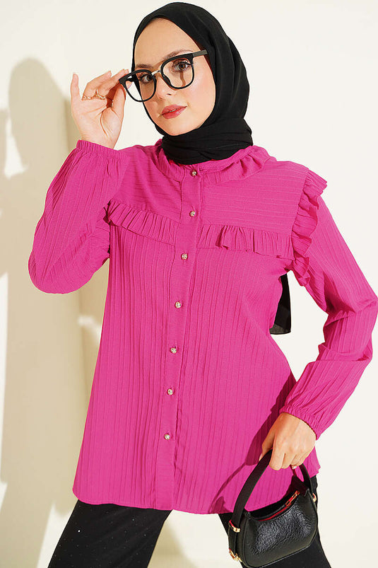 Camisa Con Volantes, Botones Y Puños Elásticos En Fucsia