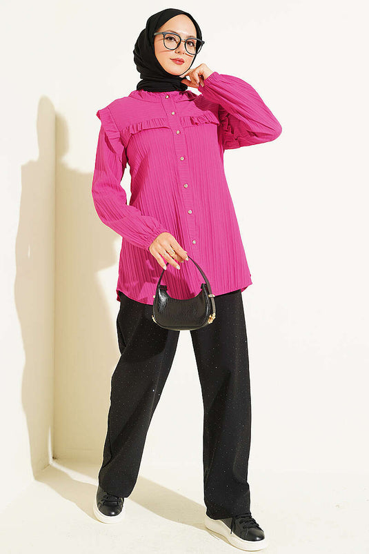 Camisa Con Volantes, Botones Y Puños Elásticos En Fucsia