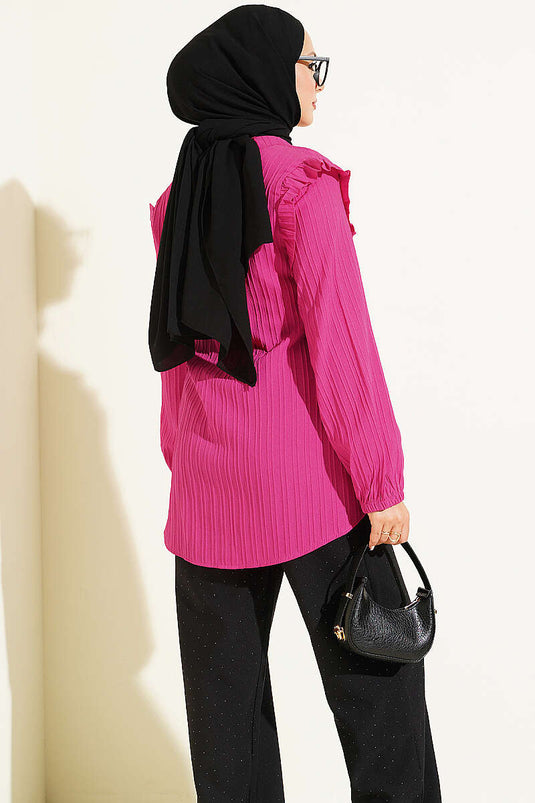 Camisa Con Volantes, Botones Y Puños Elásticos En Fucsia