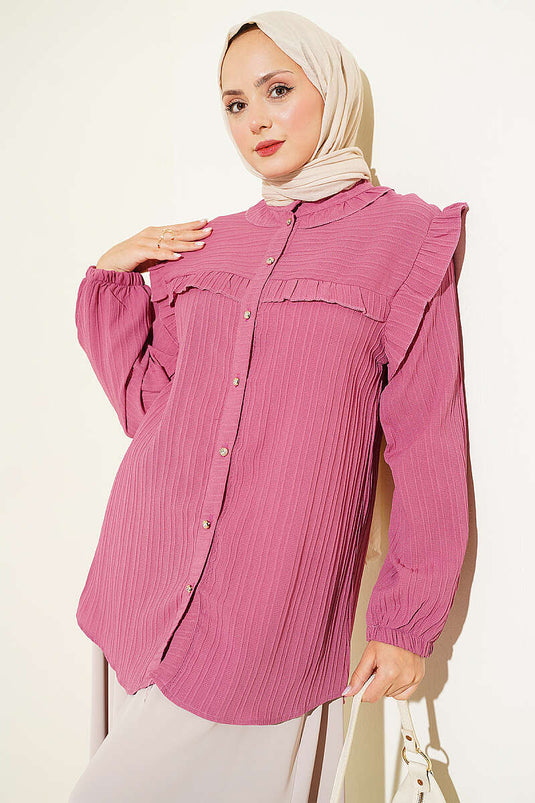 Camisa Con Volantes, Adornada Con Botones, Con Puños Elásticos En Rosa Polvo