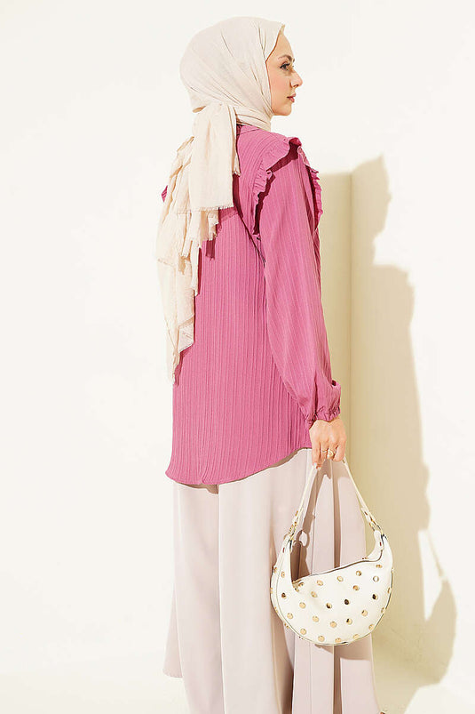 Camisa Con Volantes, Adornada Con Botones, Con Puños Elásticos En Rosa Polvo