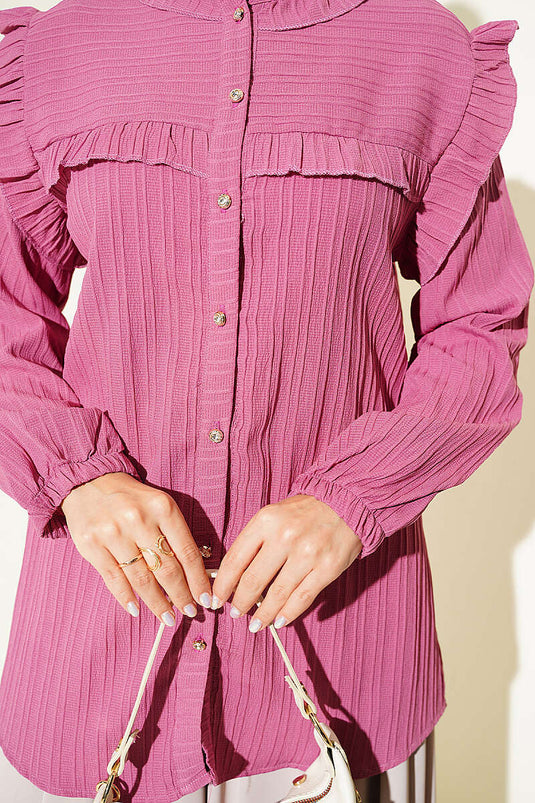 Camisa Con Volantes, Adornada Con Botones, Con Puños Elásticos En Rosa Polvo