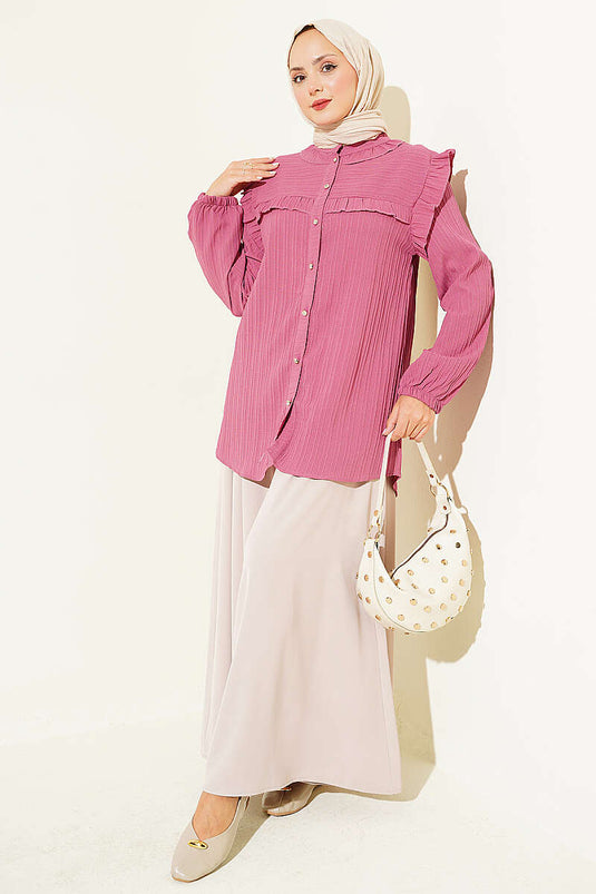 Camisa Con Volantes, Adornada Con Botones, Con Puños Elásticos En Rosa Polvo