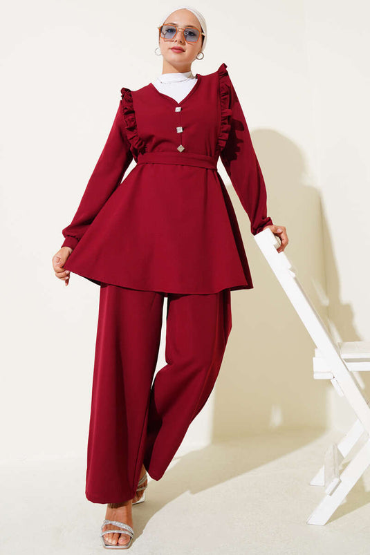 Ruffle V-Neck Double Breasted Suit Burgundy