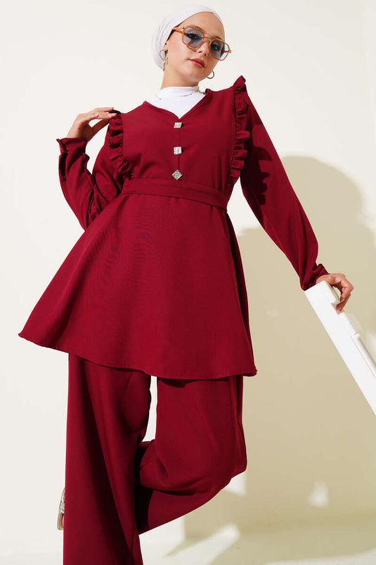 Ruffle V-Neck Double Breasted Suit Burgundy