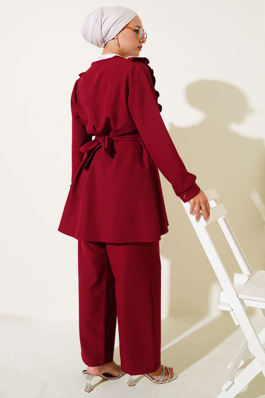Ruffle V-Neck Double Breasted Suit Burgundy