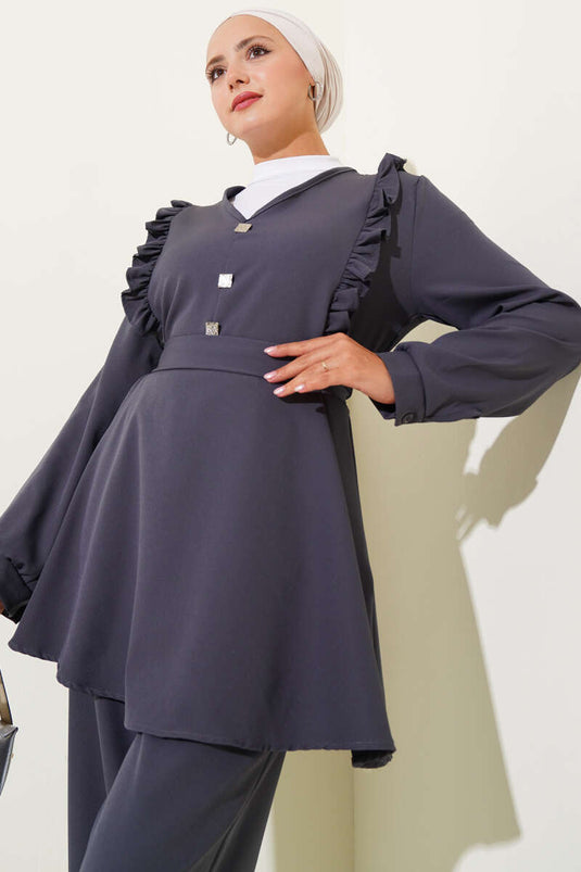 Ruffle V-Neck Double Breasted Two Piece Suit in Smoke