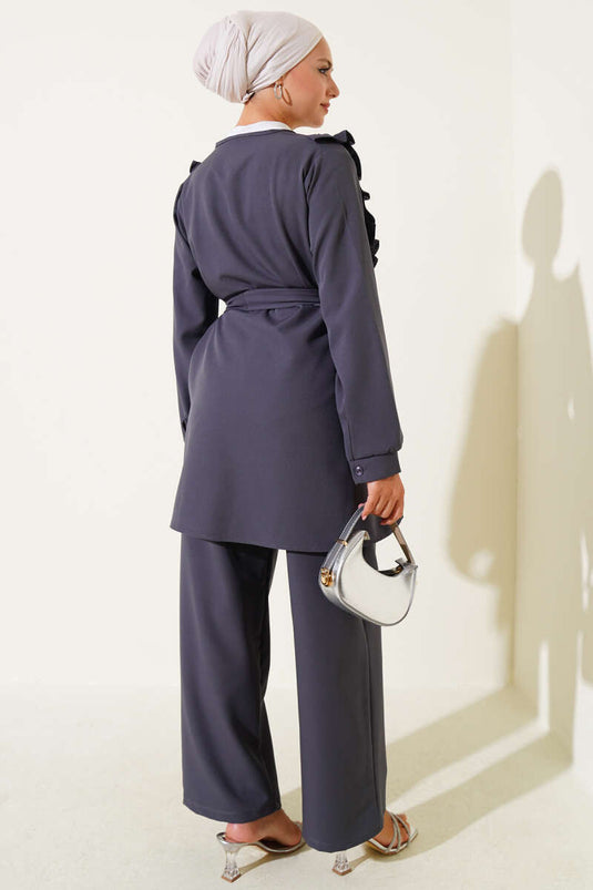 Ruffle V-Neck Double Breasted Two Piece Suit in Smoke