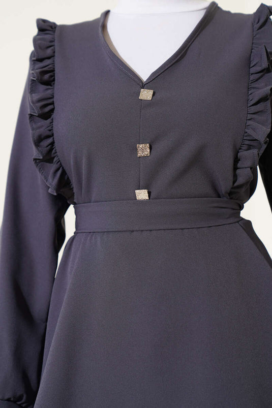 Ruffle V-Neck Double Breasted Two Piece Suit in Smoke