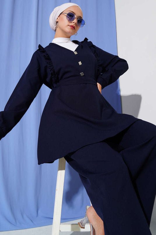 Ruffle V-Neck Double Breasted Suit Navy Blue