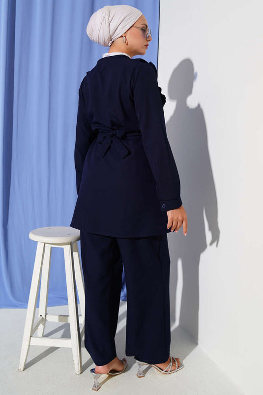 Ruffle V-Neck Double Breasted Suit Navy Blue