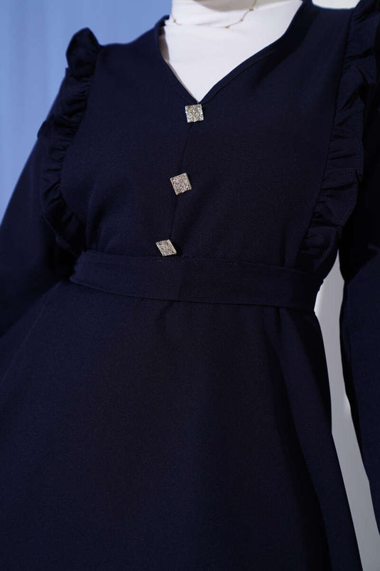 Ruffle V-Neck Double Breasted Suit Navy Blue