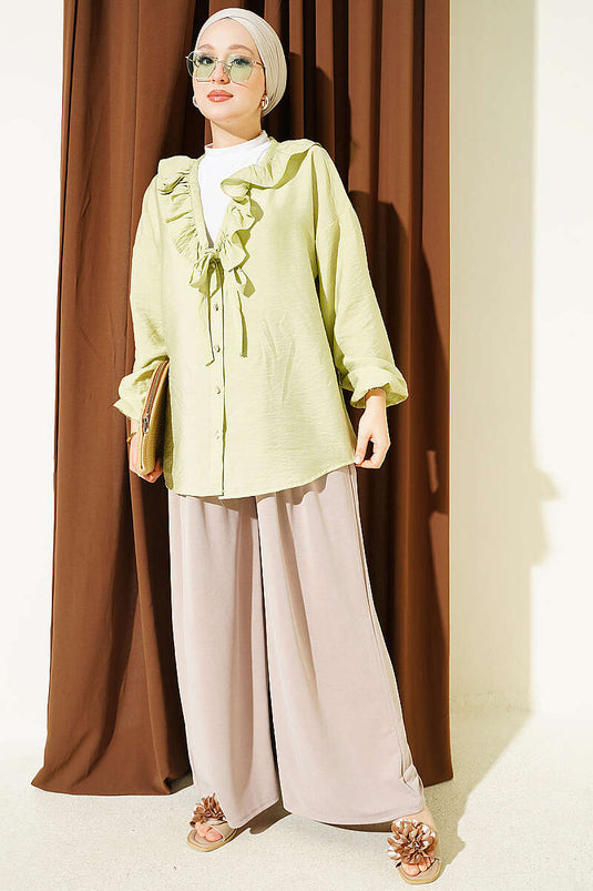 Ruffled V-Neck Gold Button Shirt Sage