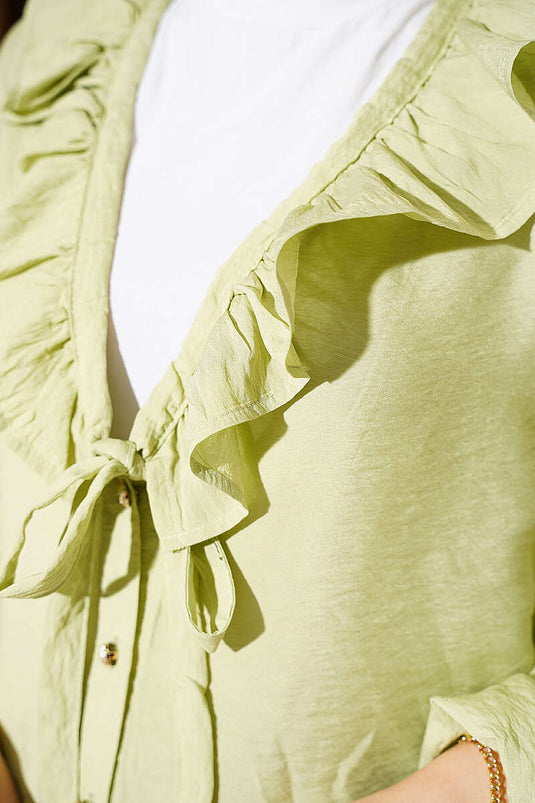 Ruffled V-Neck Gold Button Shirt Sage