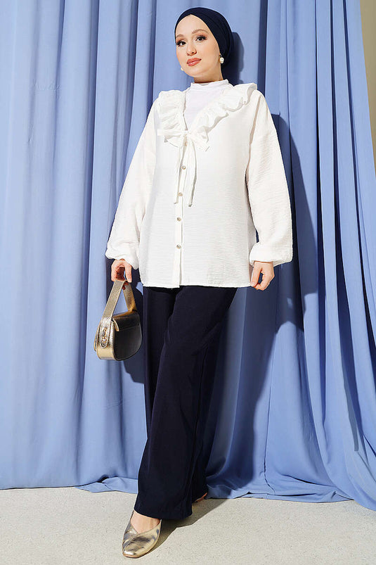 Ruffled V-Neck Gold Button Shirt White